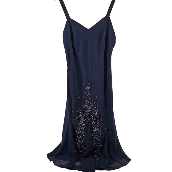 R&M Richards Beaded Slip Chiffon Dress Size 16 Navy Blue - Picture 2 of 8